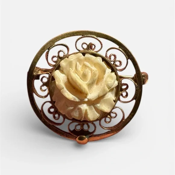 Vintage Catamore Carved Rose Brooch 12K Gold Filled Filigree Circle - Picture 2 of 6